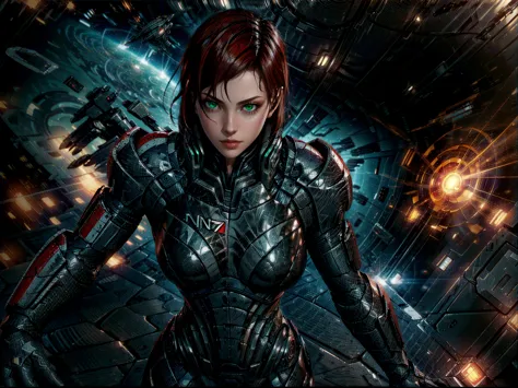 solo, jane shepard, a woman with crimson red hair, wearing damaged n7 armor, punching a reaper dreadnought ship in space, hand-t...