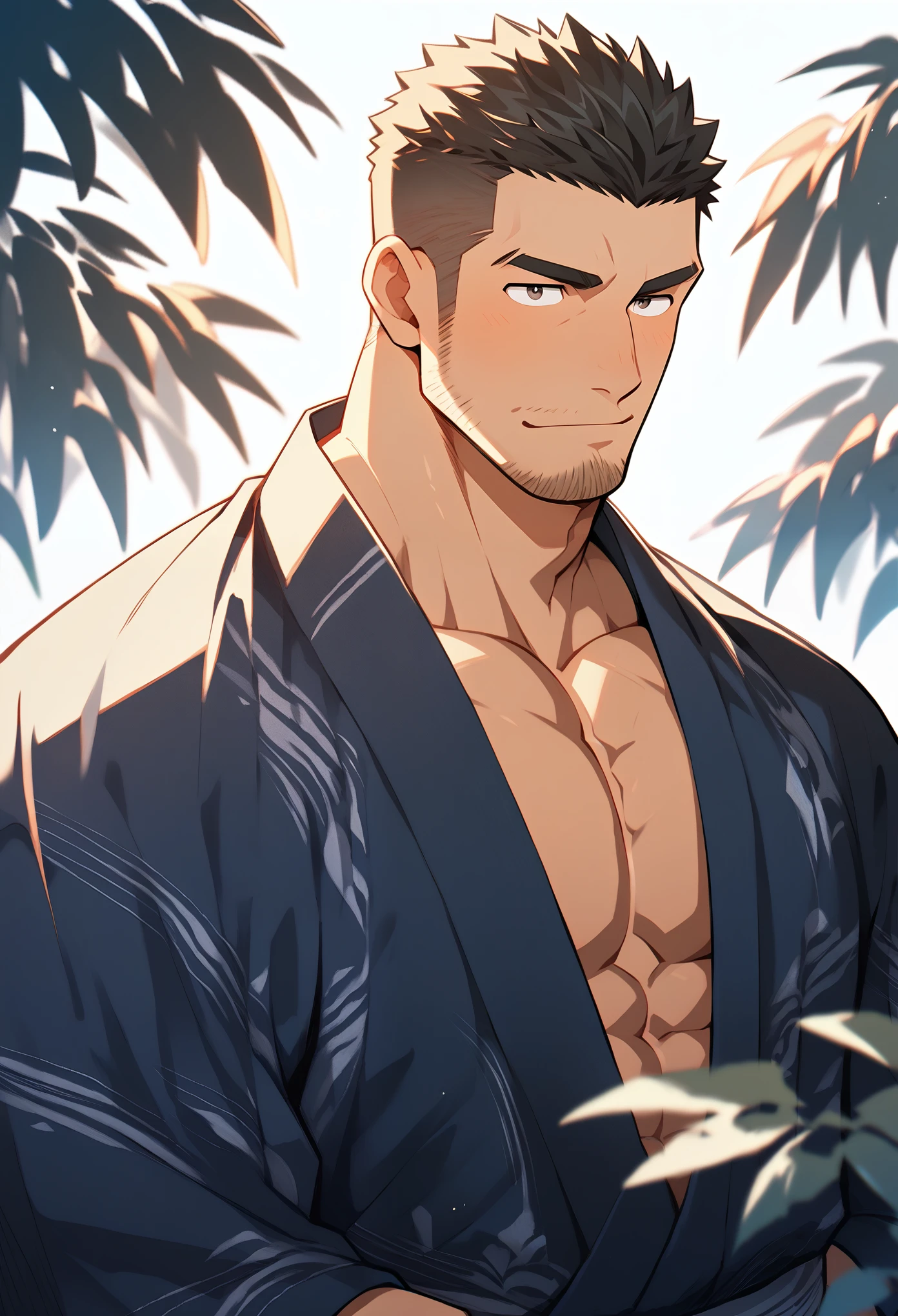 Anime character: Priapus, muscular 30-something male, shaved head, masculinity, male focus, yukata, full and firm chest muscles, muscular male, muscular, short black hair, thick eyebrows, stubble,