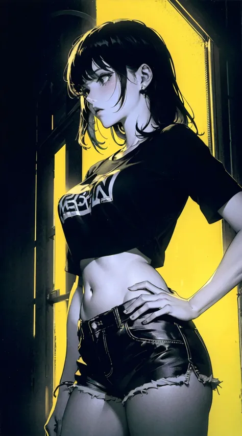 beautiful woman ,black hair , medium hair, straight hair, neon town, building, tower, neon light, upper body, crop top plain white t-shirt, black short shorts, breast, cute sexy, ,,exaggerated colors, HDR-like contrast, dramatic lighting, cinematic tone, High contrast shadows and highlights, ultra-detailed, vibrant colors, surreal atmosphere, surreal color palette, ,Hiori Light Art, Backlight,jewelry, 