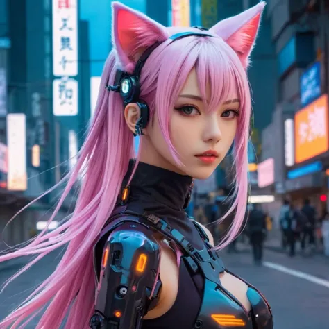 anime girl with long hair and cat ears in a city, digital cyberpunk anime art, cyberpunk anime girl mech, female cyberpunk anime...