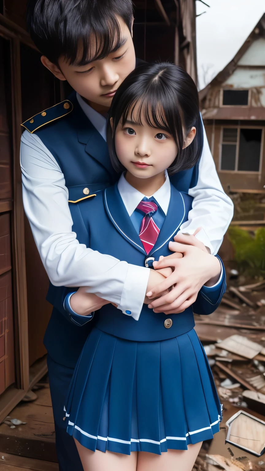 (Highest Resolution, clearly_image), Best Quality, masterpieceHighly detailed, Semi-realistic, A woman with shoulder-length black hair, Dark Eyes, Immature, Immatureな少女, Royal Sister, sexy, short hair, Triple Van, Light blue Uniform, Light blue jacket, soldier, Light blue pleated skirt, Micro Mini Skirt、Uniform, Fighter Frontline, future, SF, universe、The girl一人路地裏を歩いている、(((The girl、Being hugged by a man、Having my groin caressed:1.5)))、(((The girl中年男に、I was taken to an abandoned old house、Had sex while wearing uniform:1.8)))、