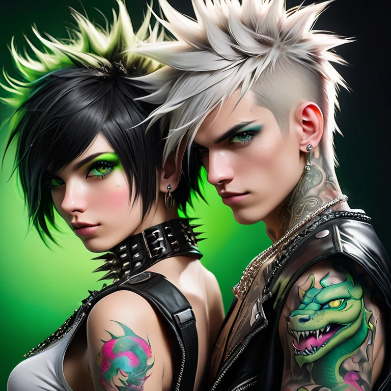 
Portrait of 2 cute Russian teenagers - a boy and a girl in the style of Alberto Seveso ,best quality, Very detailed, photorealistic, black hair on a punk boy and white hair on a punk girl, school heartthrobs ! Detailed eyes, upper body, naked torso, Luxurious Punk Hair, Avant-garde punk fashion, Avant-garde makeup, multiple piercings, Gold jewelry ,Heavily tattooed body, 3D Colored Tattoos, dragon tattoo on neck , abstract background, Backlight effect, shallow depth of field, black background" Meticulous, analog style, Focus on the eyes, of the highest quality, very detailed skin, photo of a very handsome Russian punk, perfect cute face, skin pores, penetration , green background, hips , clear focus, grainy lighting, Backlight ,high film grain, сфотографирован камерой Sony A7R IV, 18мм F/1.7 cinema lenses, very detailed, detailed development, 8 thousand., HDR, front view, upper body .