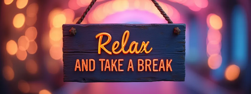 sign saying "Relax and take a break" is hanging, background colorful light colors