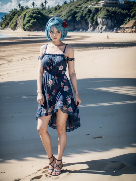 Nico, short blue hair, blue eyes, Best quality</input></xml>, casual dress, 1 , high resolution,  whole body, wearing a short red floral dress with lace, Wearing black sandals, on a beach 