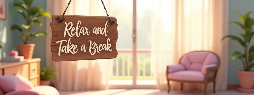 sign saying "Relax and take a break" is hanging, colorful pastel light colors