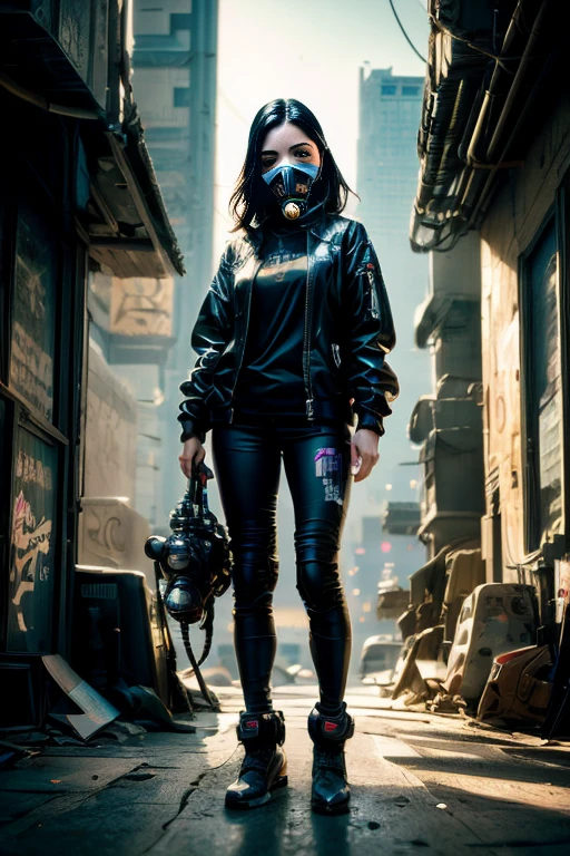 cyberpunk girl ,Graffiti, gas mask,(Premium、8K、32k、​masterpiece)、(The ultra - High definition)、(photorealistic:1.4), dynamic pose, COWBOY SHOT, cyberpunk fashion,Depth of Fields, cyberpunk city background, cinematic lighting.