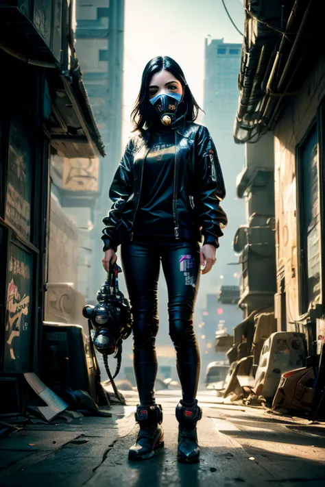 cyberpunk girl ,graffiti, gas mask,(premium、8k、32k、​masterpiece)、(the ultra - high definition)、(photorealistic:1.4), dynamic pos...