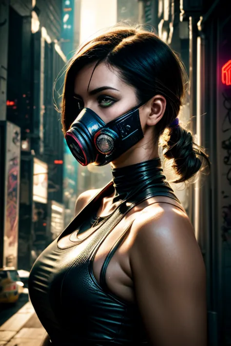 cyberpunk girl ,graffiti, gas mask,(premium、8k、32k、​masterpiece)、(the ultra - high definition)、(photorealistic:1.4), dynamic pos...