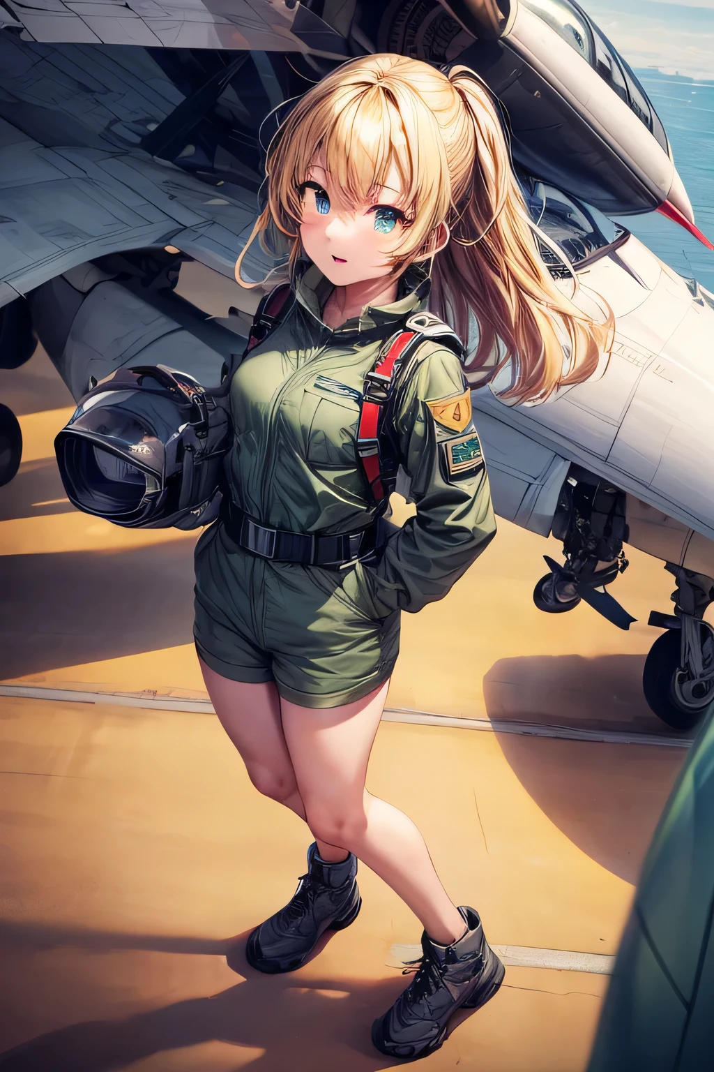 (masterpiece), best quality, expressive eyes, perfect face((best quality)), ((masterpiece)), (detailed), perfect face, airforce jumpsuit, standing, full body, front view, European, blonde, dark green uniform, jetfighter plane background,amazing sapraizz, dynamic production, cinematic lighting  ,8k