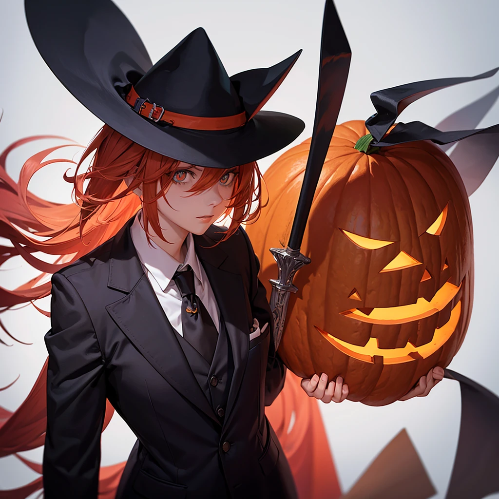 Halloween character illustration,alone,The head is a giant pumpkin.,Fire eyes,Wear a suit,Holding a sickle,Masterpiece,white background