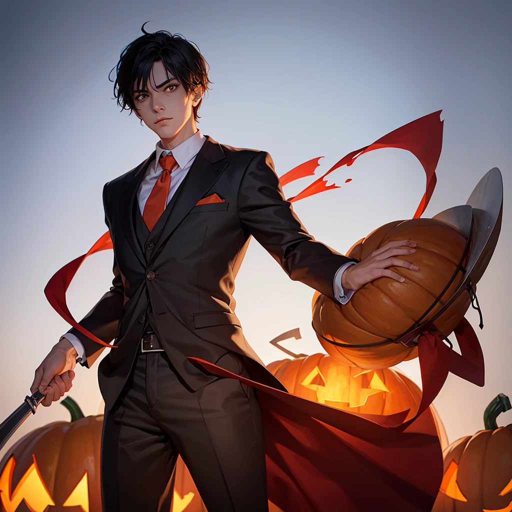 Halloween character illustration,alone,The head is a giant pumpkin.,Fire eyes,Wear a suit,Holding a sickle,Masterpiece,white background