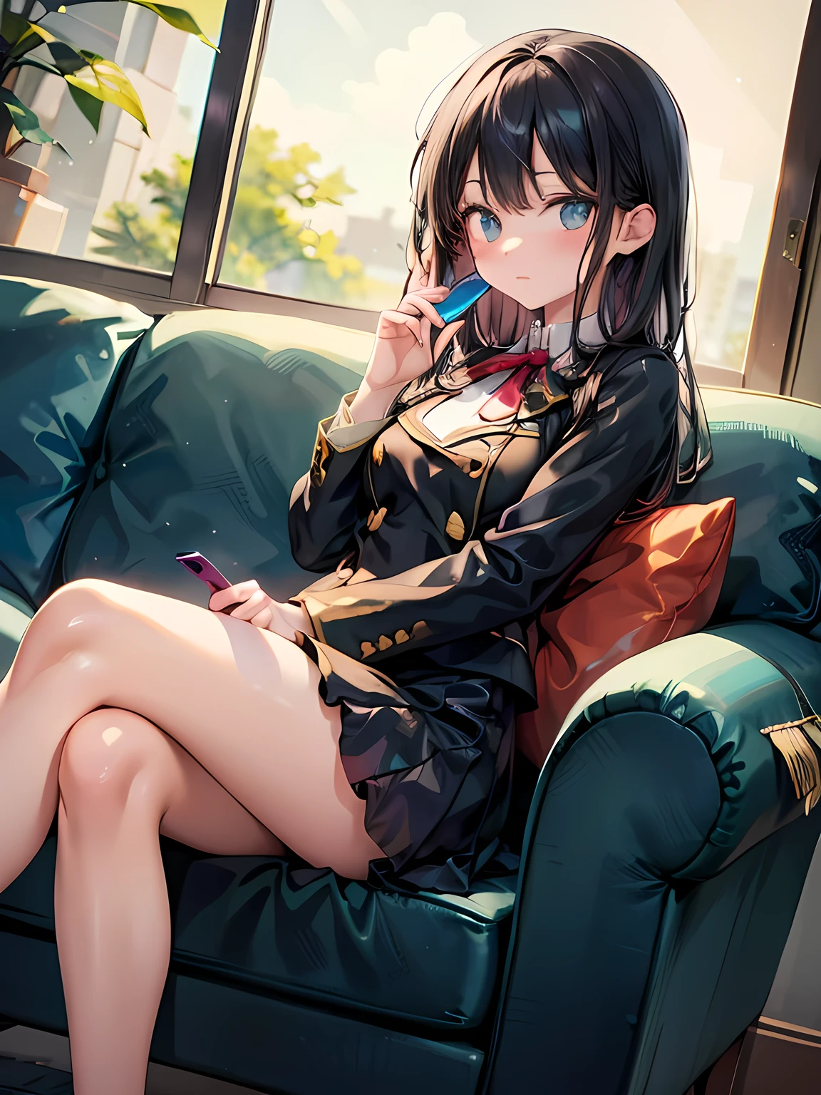 masterpiece, Best Quality, High resolution,One Woman, Accurate human body、Correct 5 fingers,Long Hair,woman laying On the sofa with a cell phone, Relaxed pose, sitting On the sofa, by Kamisaka Sekka, relaxing On the sofa, Sit on the sofa, Cel-shaded anime, Sitting on the couch, On the sofa, Relax on the sofa, Sitting on the couch, Lo-fi Girl, A lovely woman,Uniform soft illumination, Shadows are minimal, Quiet and tranquil atmosphere, Front View, Shallow depth of field, Well-balanced exposure