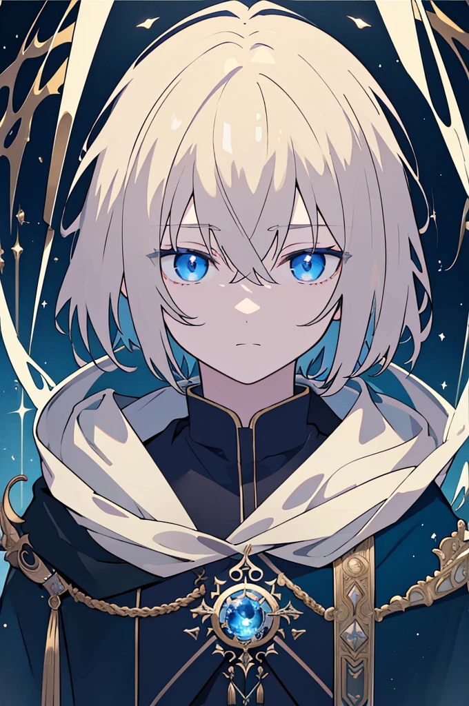 masterpieceOfficial art, 8k, Best Quality, Very detailed, Mysterious, Dark short hair, Sophisticated, Hooded Robe, Boy with an orb, He observes with sad eyes, Detailed blue eyes