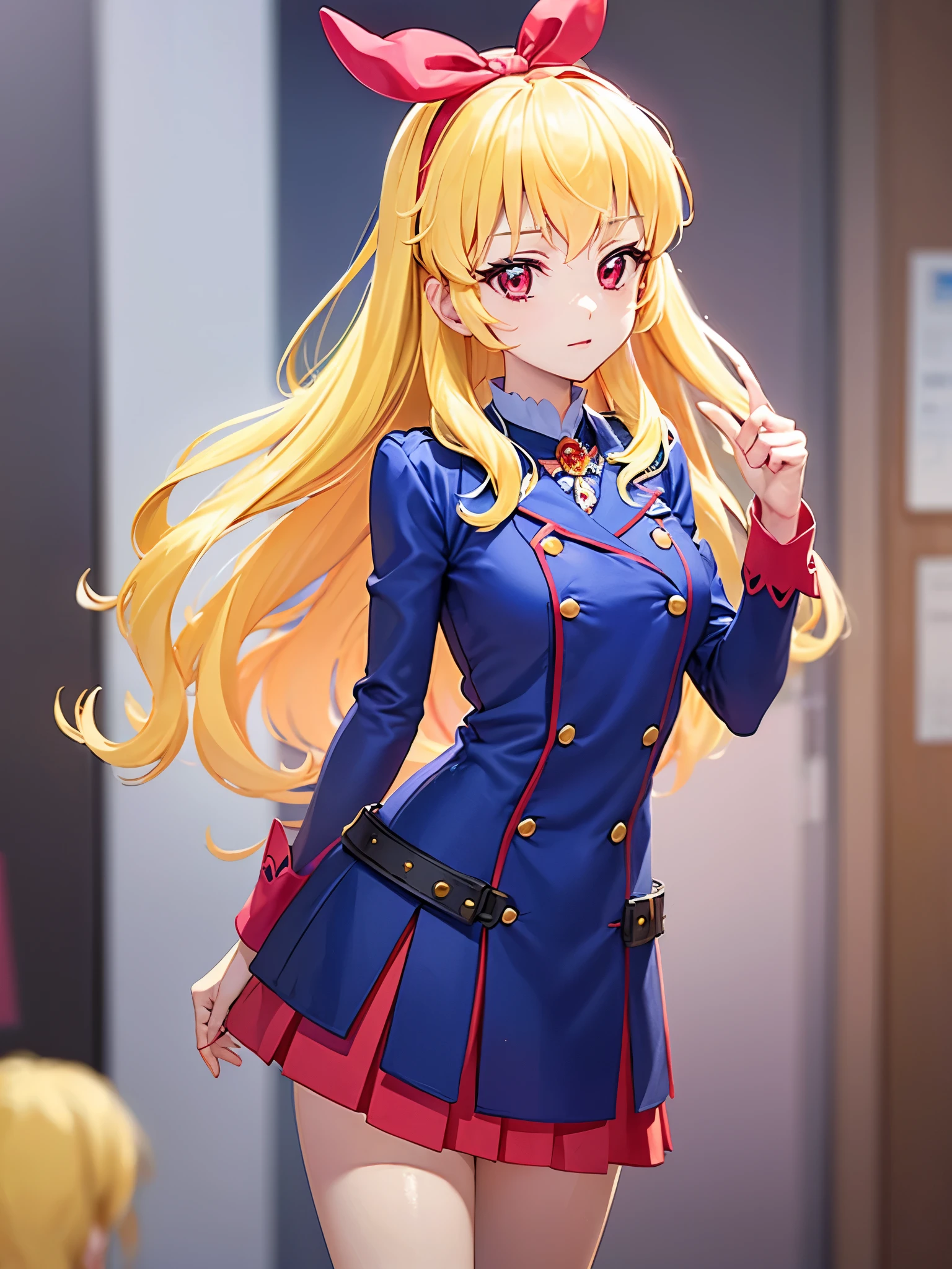 a female anime character in a red and black suit is pointing towards something, with another woman on her left, and an empty area off to the right, 1girl, solo, breasts, looking at viewer, long hair, bodysuit, blonde hair,outfit-gantz, latex breast curtains, black panties,Ichigo Hoshimiya (Aikatsu!)