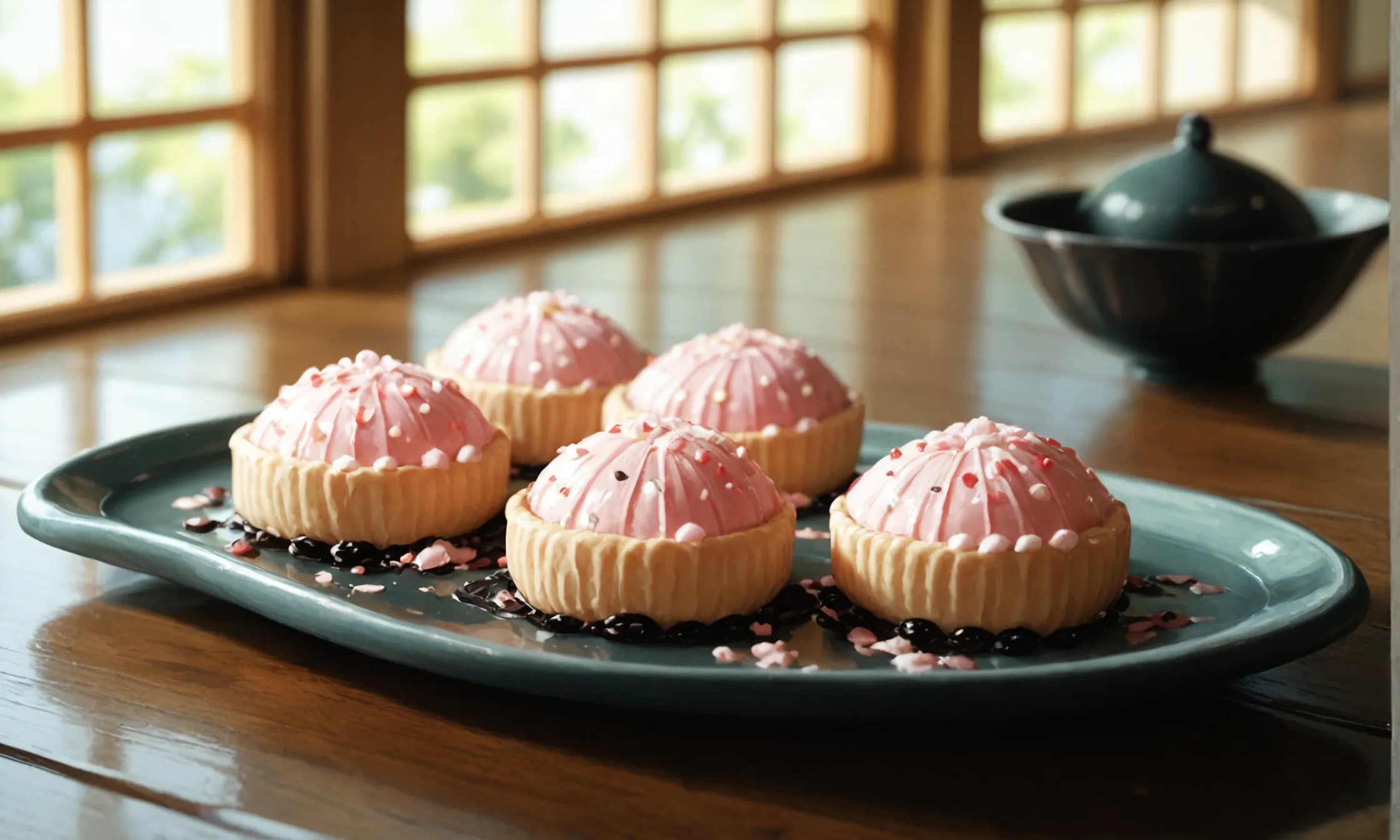 score_9, score_8_up, score_7_up, extreme close-up, ornate plate of delicate pink mochi cookies on a low ornate wooden table, shoji screens filter soft diffused light, traditional Japanese aesthetics.