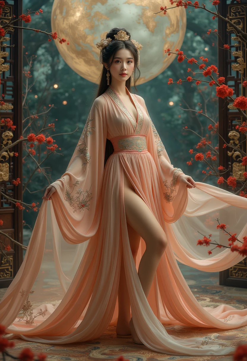 1 girl,hanfu,realistic
(masseter membrane, high quality, ukiyo-e style, mysterious, very beautiful, official art, writing music: 1.2),(1 girl in: 1.3),(fractal art: 1.3), Denim shooting, white_skin,(beautiful dark brown hair, kimono: 1.2), based on traditional performing arts, colorful, (Chinese style: 1.2), light human skin, open legs, camel toe exposed thigh,