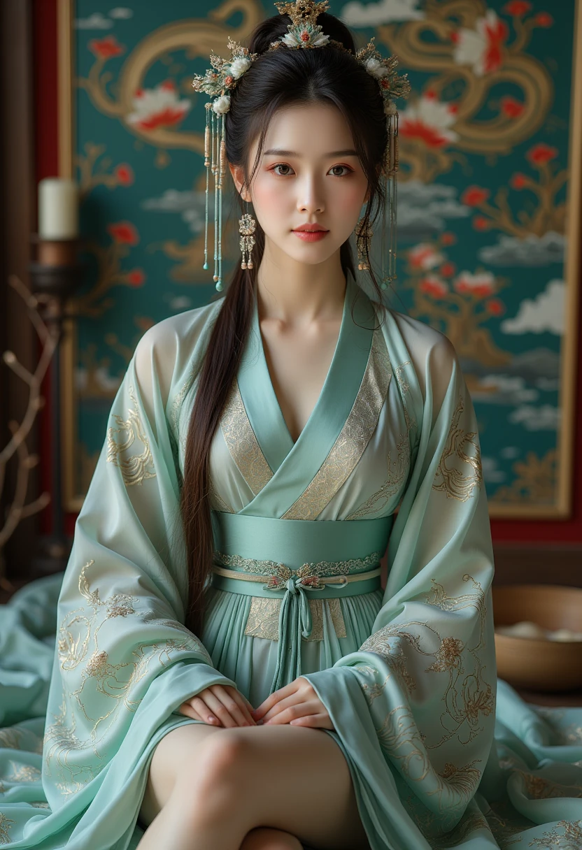 1 girl,hanfu,realistic
(masseter membrane, high quality, ukiyo-e style, mysterious, very beautiful, official art, writing music: 1.2),(1 girl in: 1.3),(fractal art: 1.3), Denim shooting, white_skin,(beautiful dark brown hair, kimono: 1.2), based on traditional performing arts, colorful, (Chinese style: 1.2), light human skin, open legs, camel toe exposed thigh,