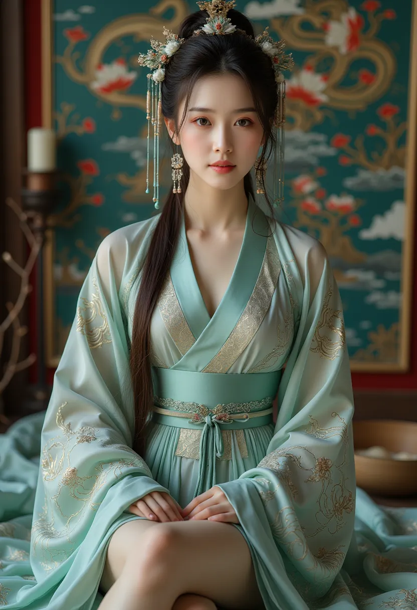 1 girl,hanfu,realistic
(masseter membrane, high quality, ukiyo-e style, mysterious, very beautiful, official art, writing music:...