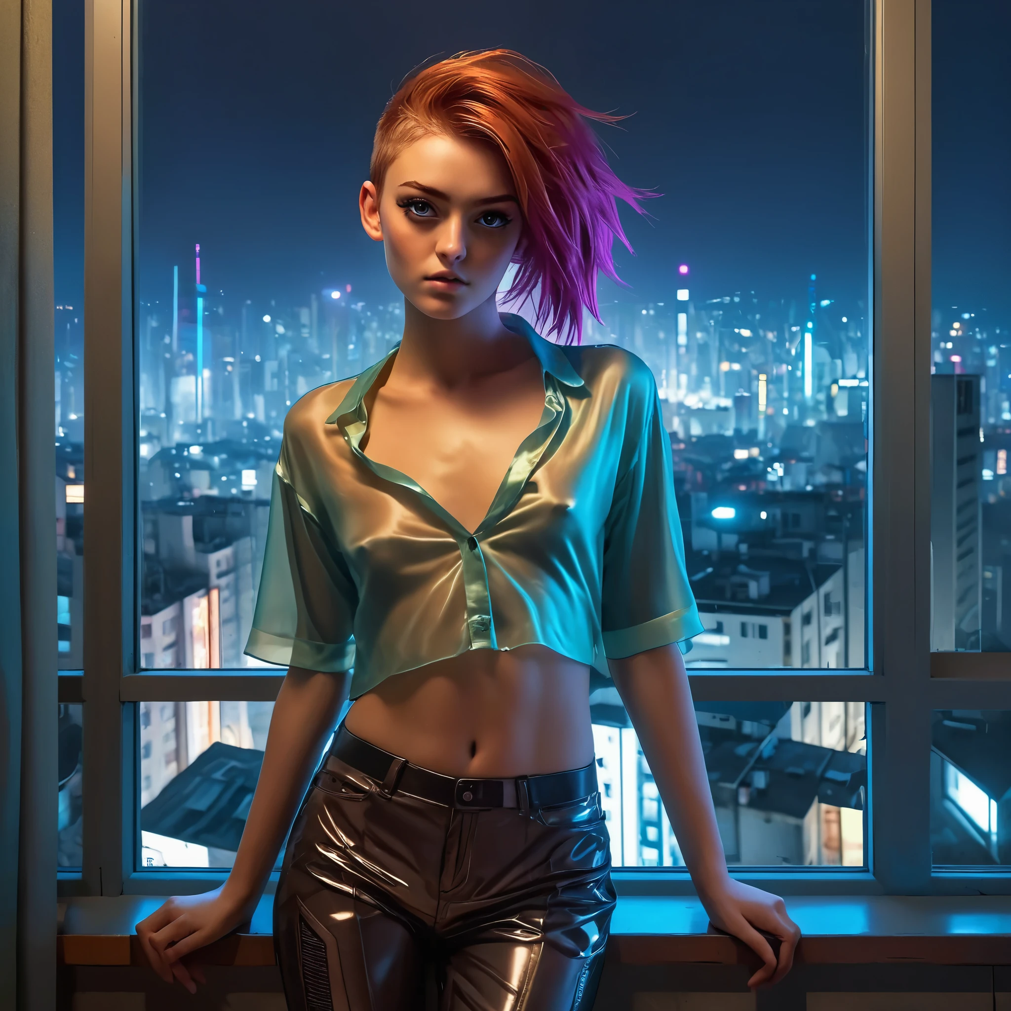 Top Quality, Masterpiece, High Resolution, 8k, (((skinny girl in an oversized sheer silk crop shirt with plunging cleavage, random neon color, short sleeves, see-through, wide neckline, deep neckline, big natural breasts, beautiful detailed eyes, small closed mouth, extremely detailed face, random red hair style, small hips, in a cyberpunk apartment next to a window))), intricate details, at night, random pose, full body view