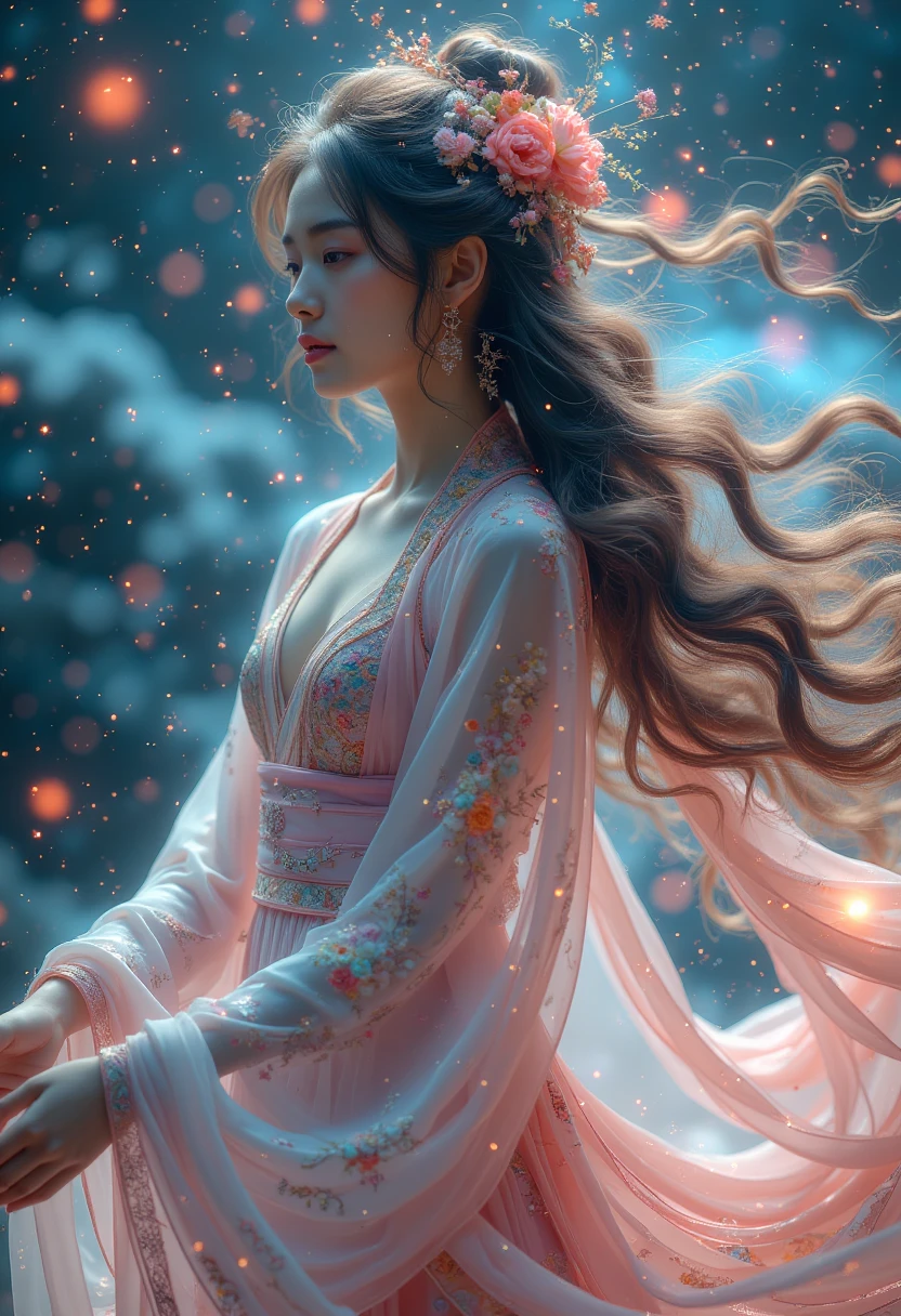 1 girl,hanfu,realistic,
Masterpiece,high quality,8,000,detailed,detailed face and skin,high resolution,perfect anatomy,physics-based rendering,photo-realistic,1 female,20 years old,full body photo,long wavy hair,accurate anatomy,woman in tights,body bright powder,body with colored swirls,psychedelic goddess,space goddess,colorful digital fantasy art,universe goddess,3D neon art female body,colorful halo,psychedelic artwork,galactic goddess,star appearance,goddess of space and time,starlight,space goddess,fantasy digital art,