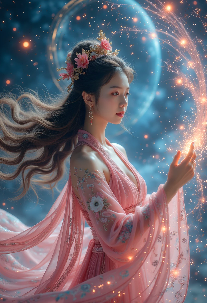 1 girl,hanfu,realistic,
Masterpiece,high quality,8,000,detailed,detailed face and skin,high resolution,perfect anatomy,physics-based rendering,photo-realistic,1 female,20 years old,full body photo,long wavy hair,accurate anatomy,woman in tights,body bright powder,body with colored swirls,psychedelic goddess,space goddess,colorful digital fantasy art,universe goddess,3D neon art female body,colorful halo,psychedelic artwork,galactic goddess,star appearance,goddess of space and time,starlight,space goddess,fantasy digital art,