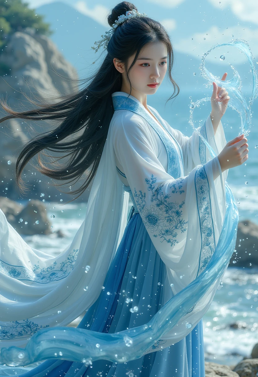 1 girl,hanfu,realistic,
(Masterpiece, high quality, best, official art, beautiful and beautiful, long-term contact:1.2),smooth movement,charming patterns,
1 girl,jade eyes,long black hair,
Portrait,alone,upper body,watching audience,detailed background,detailed facial information,(crystalline aluminum, crystal theme:1.1),elemental water wizard,swirling water,controlling the water,fantasy wizard clothing,dynamic posture,floating particles,ethereal dynamics,water,steam,background for the ocean,blue tones,coast,sacred atmosphere,