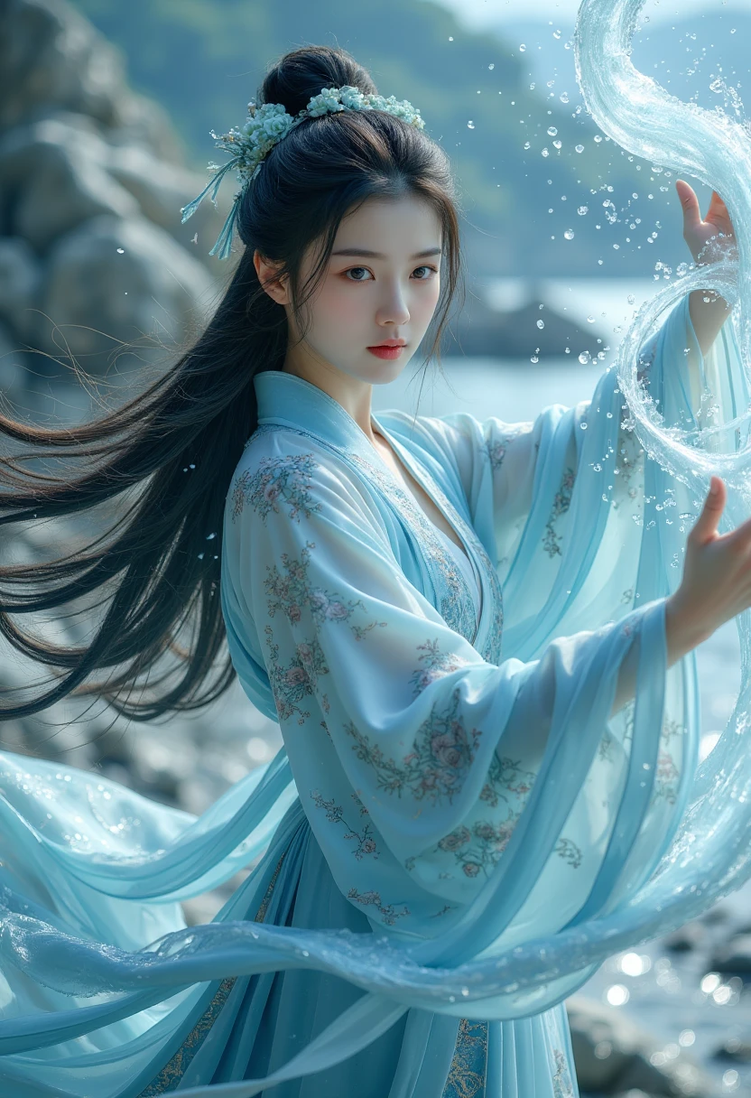 1 girl,hanfu,realistic,
(Masterpiece, high quality, best, official art, beautiful and beautiful, long-term contact:1.2),smooth movement,charming patterns,
1 girl,jade eyes,long black hair,
Portrait,alone,upper body,watching audience,detailed background,detailed facial information,(crystalline aluminum, crystal theme:1.1),elemental water wizard,swirling water,controlling the water,fantasy wizard clothing,dynamic posture,floating particles,ethereal dynamics,water,steam,background for the ocean,blue tones,coast,sacred atmosphere,