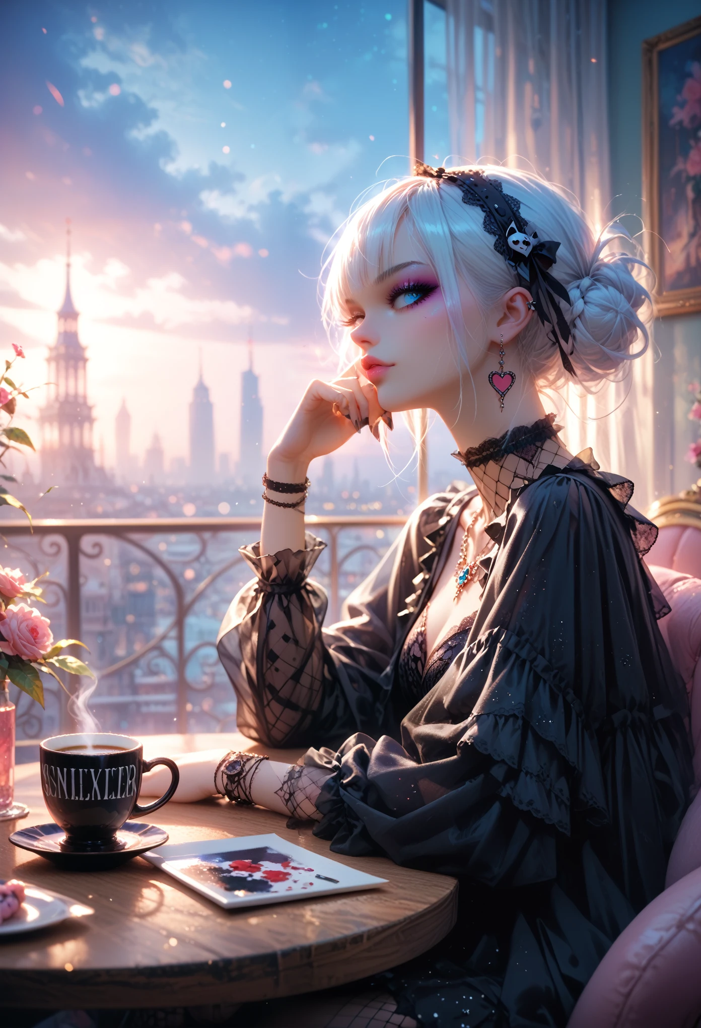 Gothic Girl, with white hair dyed, Black Mesh, Sits at the Table and Watches the Transport in the City Bustle, There are various goodies on the table, There is a large coffee cup nearby., Beautiful Colors, bright colors, Very Beautiful Painting, Game of Shadows, masterpiece, Maximum Details,