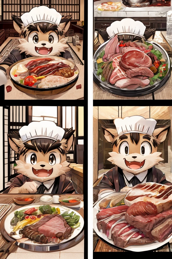 Color Comics、Japanese Manga、Meat dishes、Make the cooking scene into multiple frames、Comical chef werewolf、Straight ahead、Delicious meat cartoon、美味しそうなMeat dishesが出来上がりました、Happy Face、smile、cute、