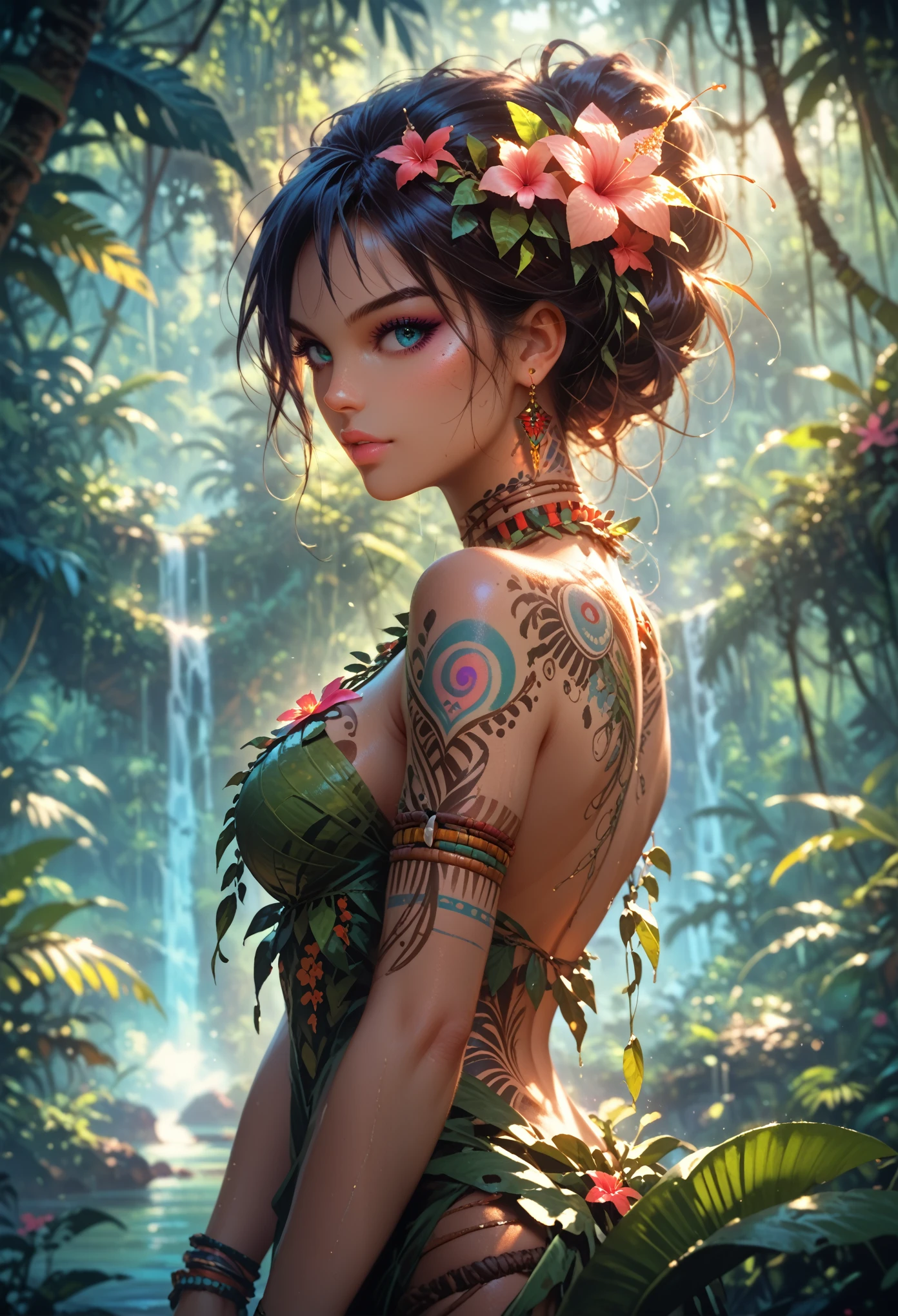 Aboriginal Girl, Lives in the Jungle, Beautiful Animal Skin Outfit, Fits her body shape, Bare Arms with Different Tattoos, Making his way through the dense jungle, Very Beautiful and Picturesque Painting, Game of Shadows, bright colors, masterpiece, Maximum Details, 