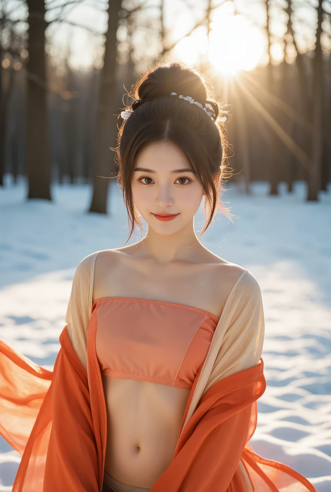 an attractive girl in red in the snow,snow background ,smile, dressed in ancient Chinese clothing,half body ,in the style of li shuxing, light orange and azure, smooth and shiny, xiaofei yue, blurry details, dark crimson and light brown, sunrays shine upon it