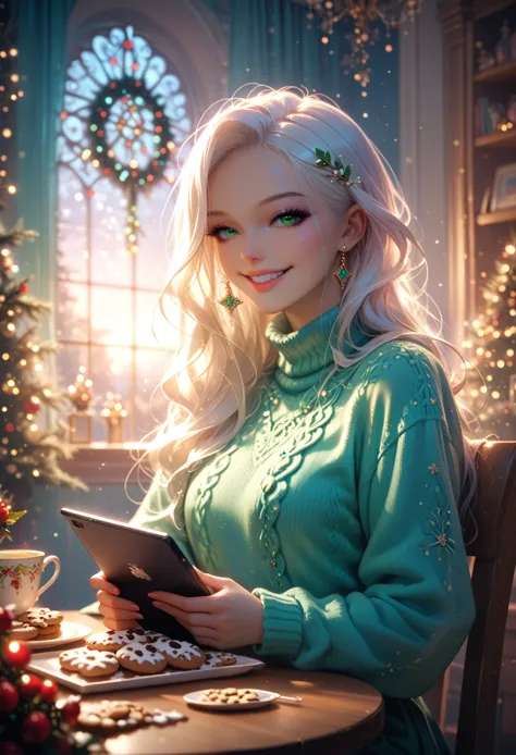 beautiful girl, with white long hair, with beautiful big green eyes, holds a tablet in his hands, something is drawing on it, lo...