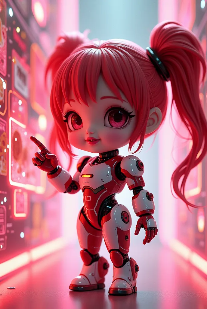 Ultra-high-resolution 3DCG concept art.A tiny android girl is surrounded by a cyberspace holographic interface.、[Ultra Chibi:1.3]、The girl is a red-haired girl with twin tails.、Detailed cute red eyes and beautiful lips、Detailed beautiful white realistic skin、From the neck down, everything is mechanical.、Red and white detailed machine body、Beautiful clear pink neon lights are shining from the body.、Pink holographic interface、The girl points to a bunch of sweets projected on a hologram and smiles with pride.、Fairy tale、Cowboy Shot.High quality 3D rendering、Dramatic Lighting、Professional photo resolution、