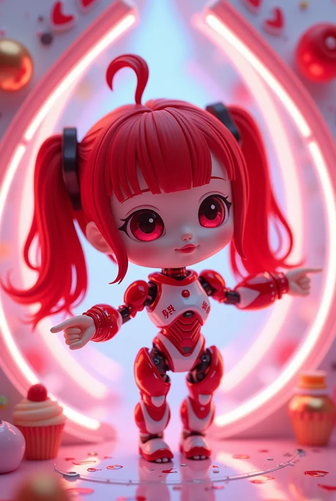 Ultra-high-resolution 3DCG concept art.A tiny android girl is surrounded by a cyberspace holographic interface.、[Ultra Chibi:1.3]、The girl is a red-haired girl with twin tails.、Cute red eyes and lips、Detailed beautiful white realistic skin、From the neck down, everything is mechanical.、Red and white detailed machine body、Beautiful clear pink neon lights are shining from the body.、Pink holographic interface、The girl points to a bunch of sweets projected on a hologram and smiles with pride.、Fairy tale、Cowboy Shot.High quality 3D rendering、Dramatic Lighting、Professional photo resolution、