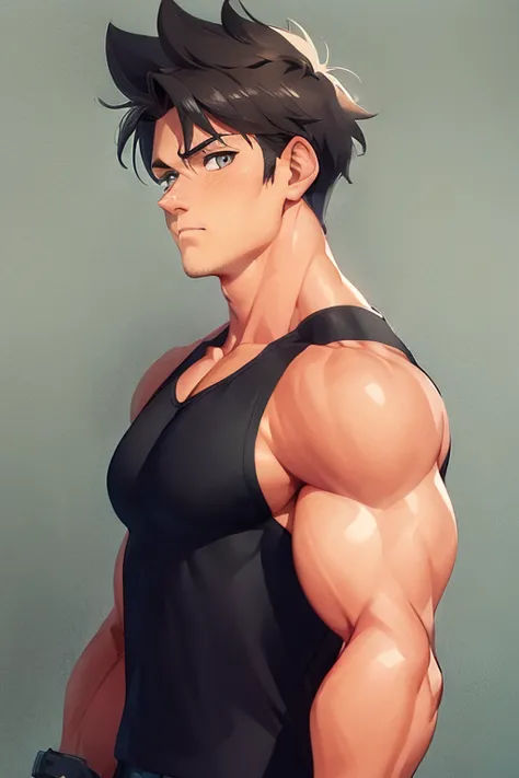 1man, high resolution, anime style, super muscular, short hair, brown hair, messy hair, spiked hair, blush, looking at viewer, s...