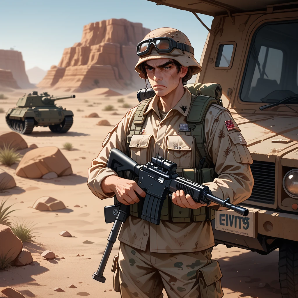 Marine Corps pin-up in a desert outpost, determined gaze, high and tight haircut, tactical gear over pin-up style outfit, military vehicles and sandbags in background, gritty  with classic pin-up flair, harsh desert sunlight with long shadows, desert camo patterns with marine corps red accents, 