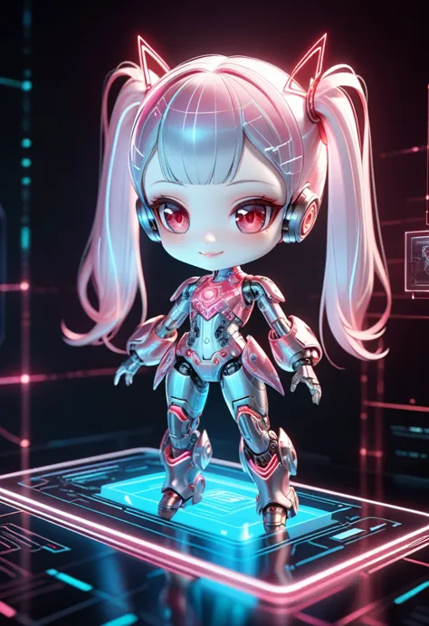 extremely detailed ultra-cute tiny android girl in cyber space holographic interface, hyper petite, redhead twin tails girl, bea...