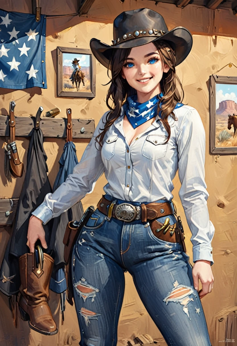 (ultra realistic illustration), American southwest. Beautiful 24 yo woman of Irish descent. athletic figure,(pale:1.4)complexion. brunette, blue eyes, cute butt. Kind eyes,(joy:1.3),(smile:1.3). Western outlaw. Black cowboy hat, western shirt, neck bandanna, jeans, chaps, cowboy boots, bullet belt.