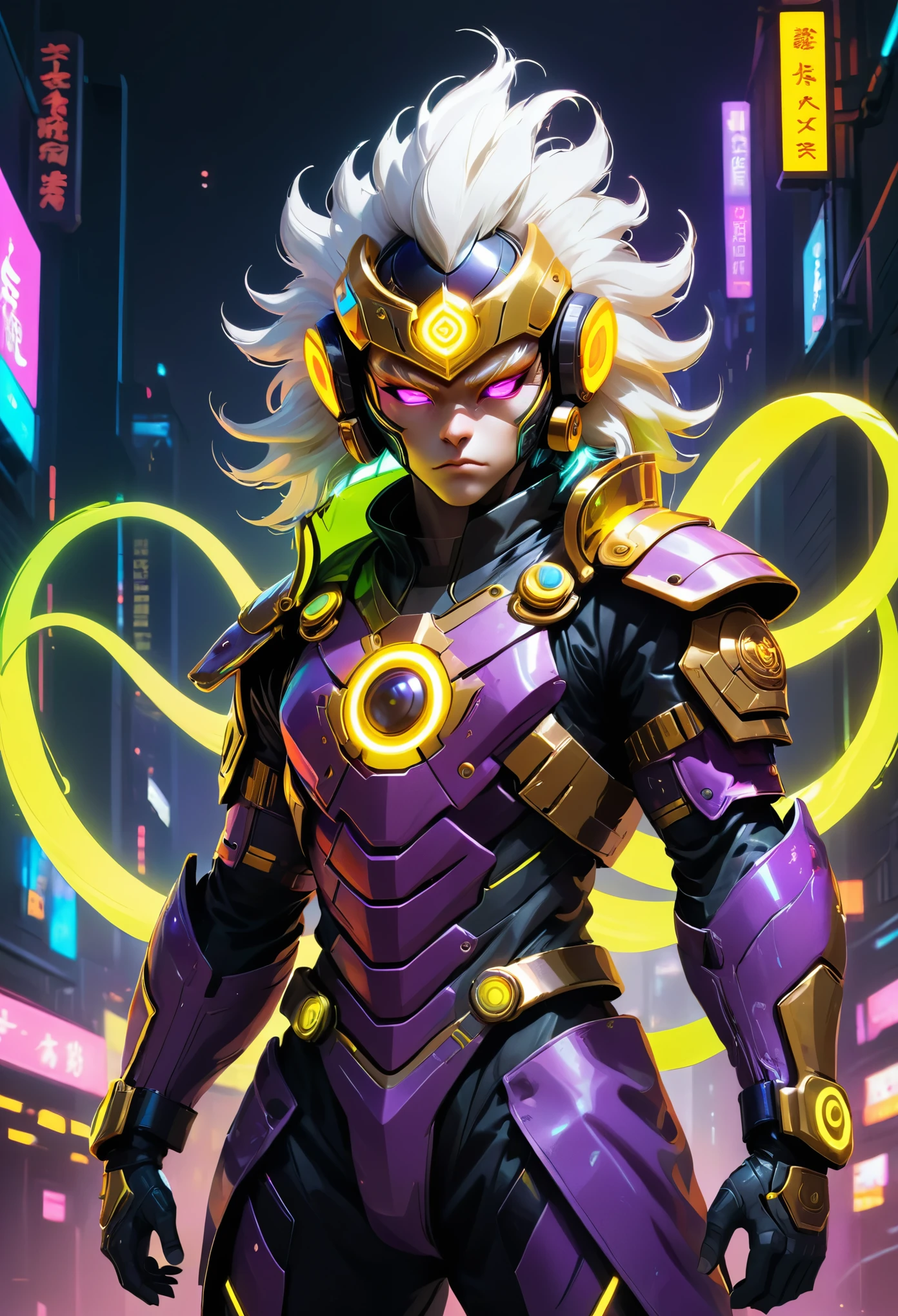 Cyberpunk armored hero with an asymmetrical windbreaker and neon energy accents, facing forward. Golden ring headgear referencing Monkey King’s crown, with a minimalistic design visible from the front. High-tech helmet with integrated glowing visor and holographic displays, showcasing the hero's features. Flowing white hair, prominently displayed in a forward-facing pose, adding movement and mystery. Dynamic action pose, standing confidently in a strong, heroic stance. Purple combat armor with bold yellow and red accents, clearly visible from the front. Mechanical monkey companion with a platinum exoskeleton, emitting purple light, standing beside the hero. Subtle Monkey King references, including a golden ring and a faint energy-based staff-like weapon, held in a forward position. Neon-lit urban background, filled with vibrant lights in a cyberpunk city, enhancing the scene. Luminous belt, part of a high-tech warrior's look, emphasizing agility, strength, and precision in a frontal view.
