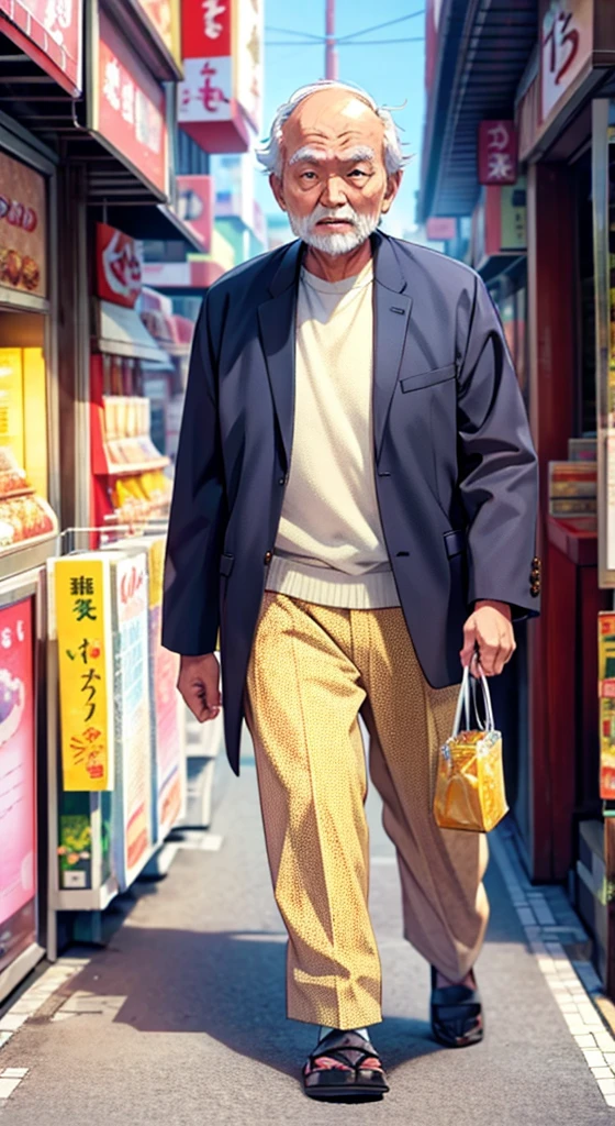 An old man dressed like Sunplaza Nakano-kun walks around town