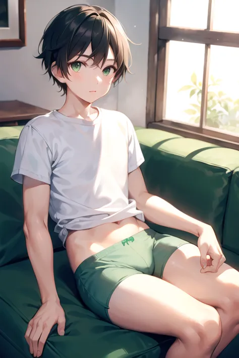 a boy sitting in a living room, wearing a white sleeve shirt and green short briefs, beautiful, soft+cute, best quality, masterpiece