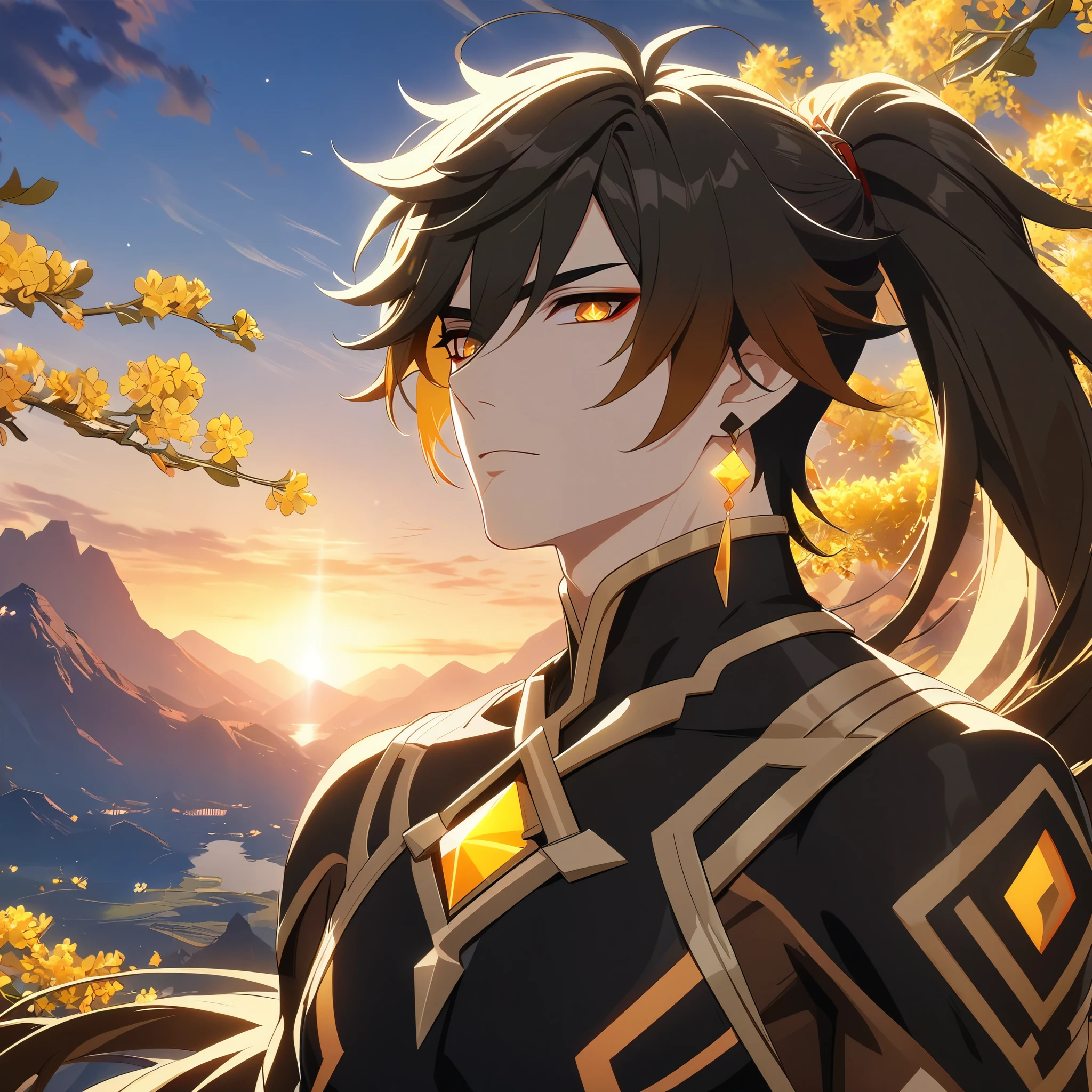 (best quality,4k,8k,highres,masterpiece:1.2),1boy, zhongli_/(archon/)_/(genshin_impact/),male focus,intricately detailed,realistic:.4,intense gold eyes,mature_male, narrow_waist,full body, by carnelian, cel shading, fantasy china background, liyue, mountains,look up at viewer, osmanthus flowers,male focus,solo,long hair,bangs,jewelry,earrings,ponytail,contemplative, thoughtful, calm, serene, red eyeliner, highly detailed eyes, volumetric lighting, sunset, golden illumination, wise and kind god,cinematic lighting, ray tracing, UHD, high details, high quality, award winning, super detail,vivid fantasy painting,hd color,seductive eyes,sexy eyes,lowered lashes,handsome man,small iris,honkai,godly,hot asian man,asian eyes,red eyeliner, guweiz