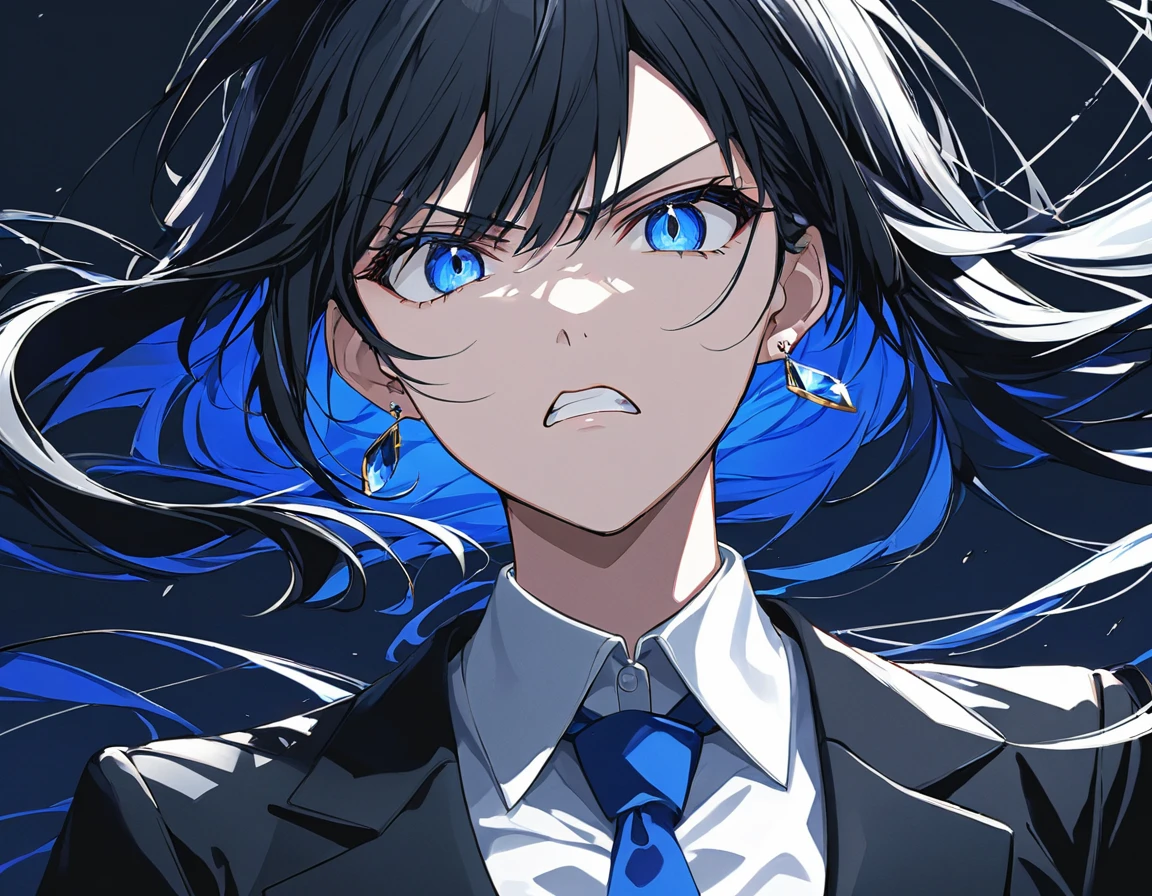 Anime Style,A woman glaring,Cool woman,In the Dark,Black Hair,Long Hair,Blowing in the Wind,blue eyes,In the Darkで輝く目,Like a sapphire,Earrings,Reflective,Emphasize blue Wear a suit,Blue tie,Put on a black blazer,Grit your teeth,Angry face,Grudge Black background,A dark masterpiece,Best Quality,Exquisite,8k,Absurd,Ultra-detailed illustrations,(Watch the audience)