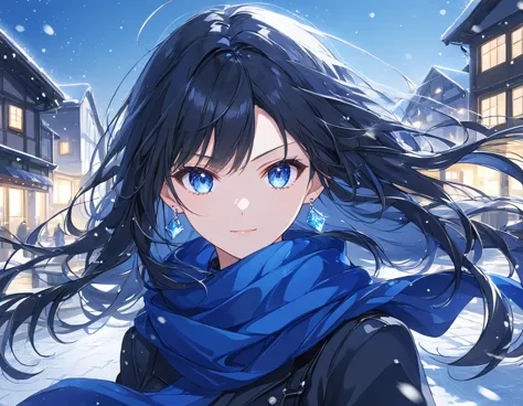 anime style,a woman glaring,cute woman,in the dark,black hair,long hair,blowing in the wind,blue eyes,in the darkで輝く目,like a sap...