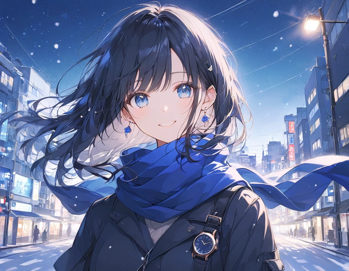 Anime Style,A smiling woman,lovely,Black Hair,Long Hair,Blowing in the Wind,blue eyes,Eyes glowing in the dark,Like a sapphire,Earrings,Reflective,Emphasize blue Wear black winter clothing,jumper,Blue scarf,smile, The background is winter,Snowing town,Shibuya City,Moderate blur Masterpiece,Best Quality,Exquisite,8k,Absurd,Ultra-detailed illustrations,(Watch the audience)