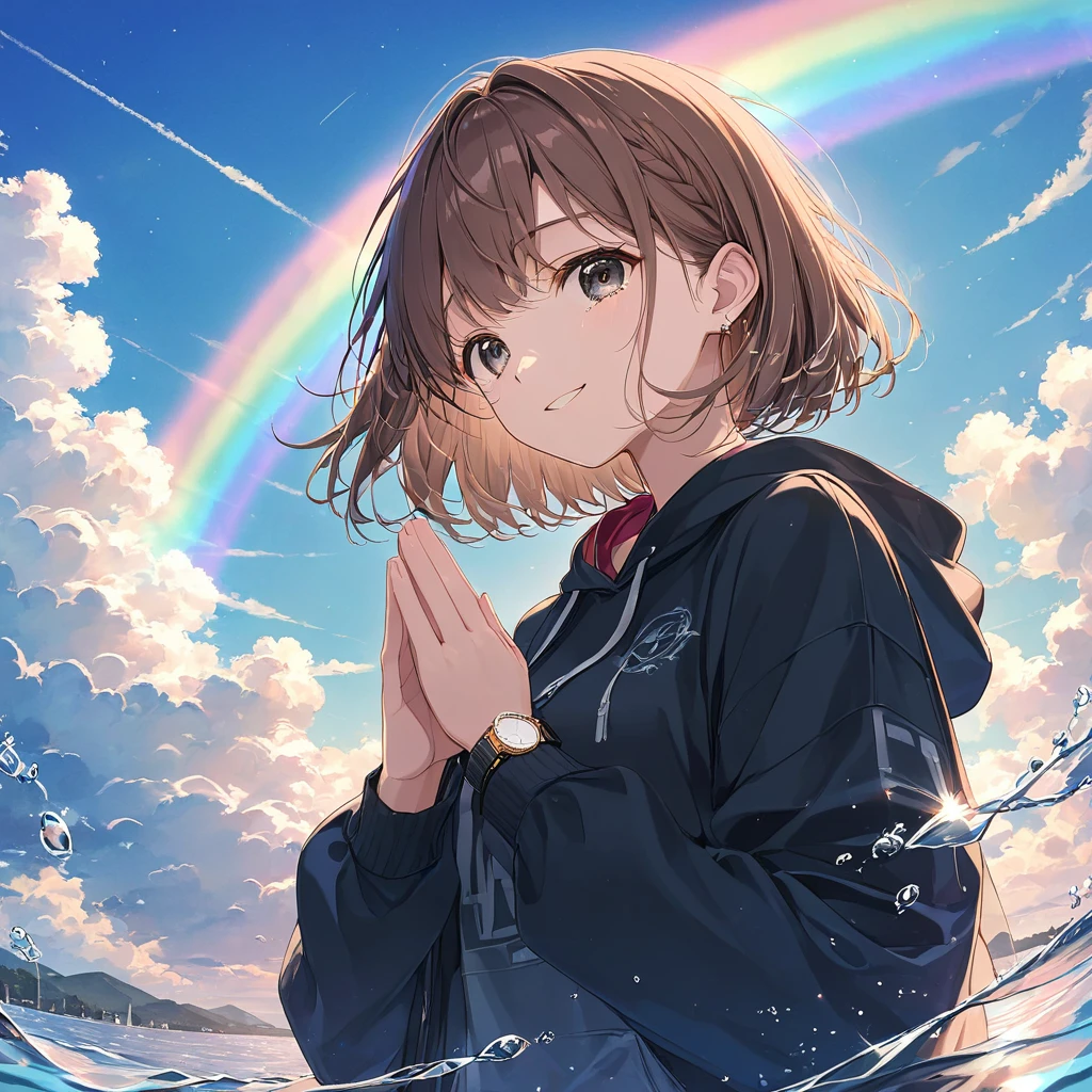 Anime Style,Praying woman,Fingers crossed,Brown Hair,Short Bob,Blowing in the Wind,Black Eyes,Shining Eyes,Shining Eyesのハイライト,Crying,With watery eyes and a black hoodie,The best smile,A scene from a movie that emphasizes women,The background is a rainbow sky,Low Angle Masterpiece,Best Quality,Exquisite,8k,Absurd,Ultra-detailed illustrations,(Watch the audience)