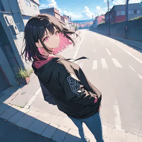 anime style,woman looking back,show your back,black hair,medium hair,blowing in the wind,pink eyes, put on a black hoodie,wear j...