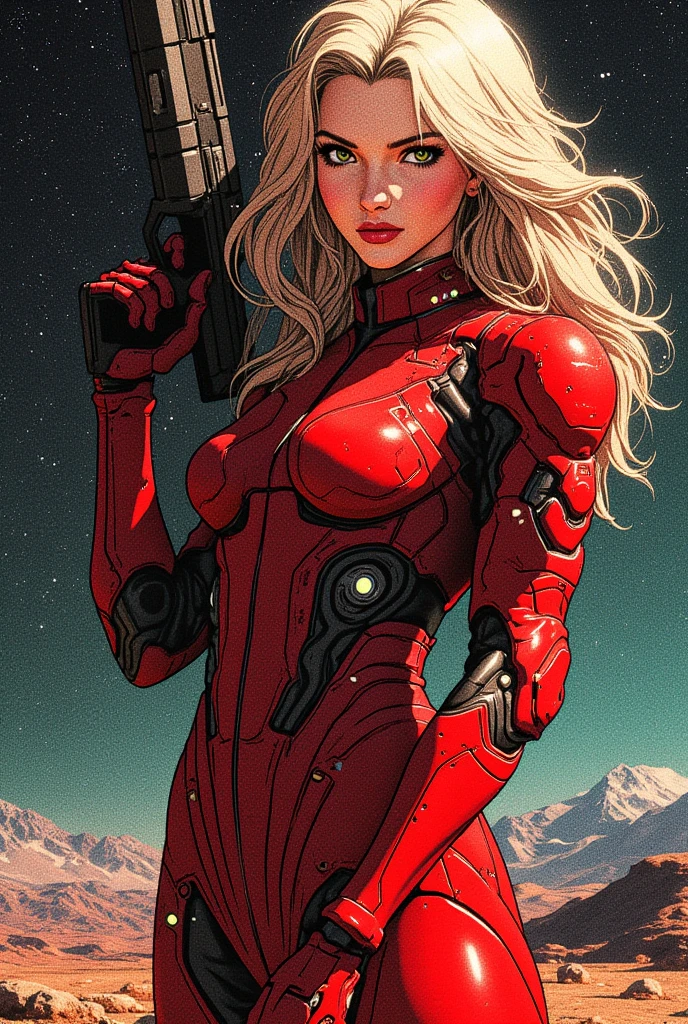 masterpiece,best quality,ultra detailed,adult woman,beautiful face,perfect face,highly detailed beautiful face and eyes,attractive face,large breasts,long blonde hair,green eyes,europian,red cyber suit,beam rifle,space background
