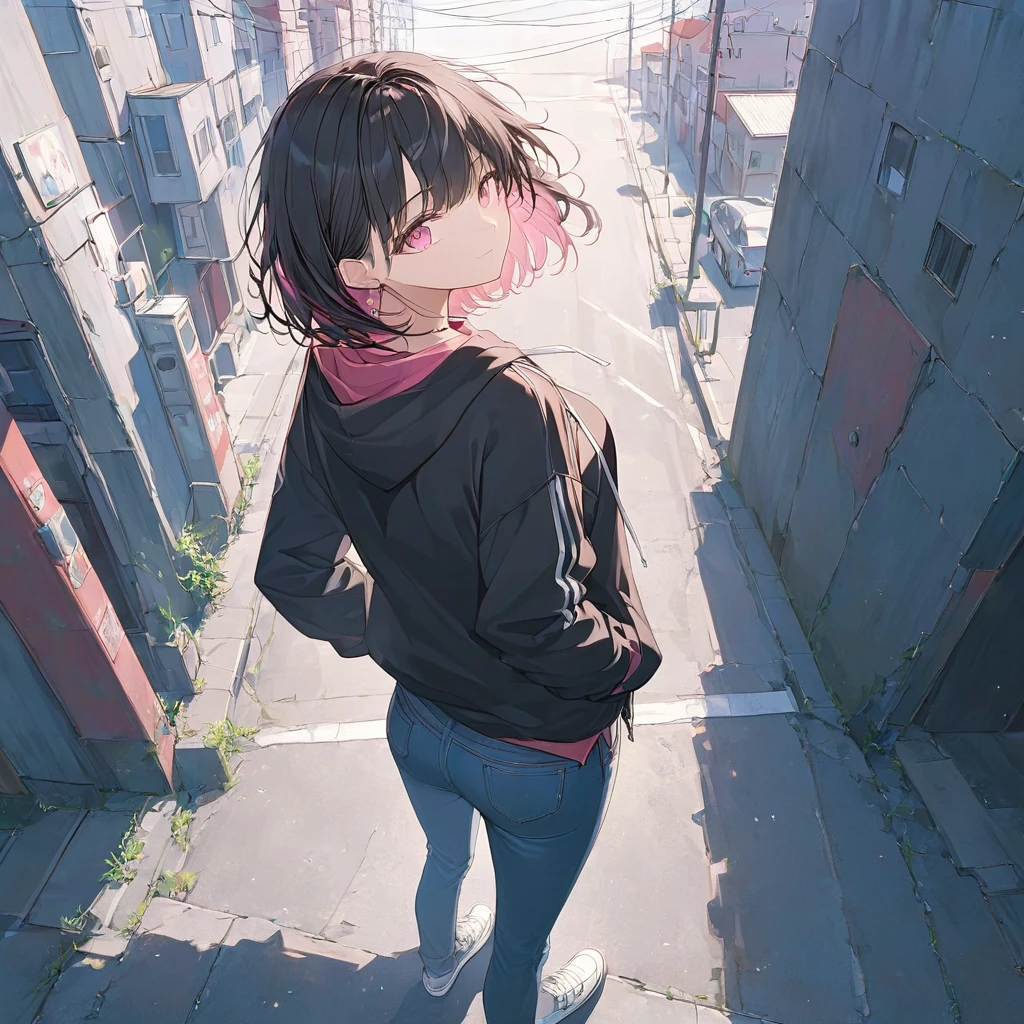 Anime Style,Woman looking back,Show your back,Black Hair,Medium Hair,Blowing in the Wind,Pink Eyes, Put on a black hoodie,Wear jeans,Put your hands in your pockets,Straight face,Calm,A scene from a movie that emphasizes women,Long single road,Light shines in,High Angle Masterpiece,Best Quality,Exquisite,8k,Absurd,Ultra-detailed illustrations,(Watch the audience)