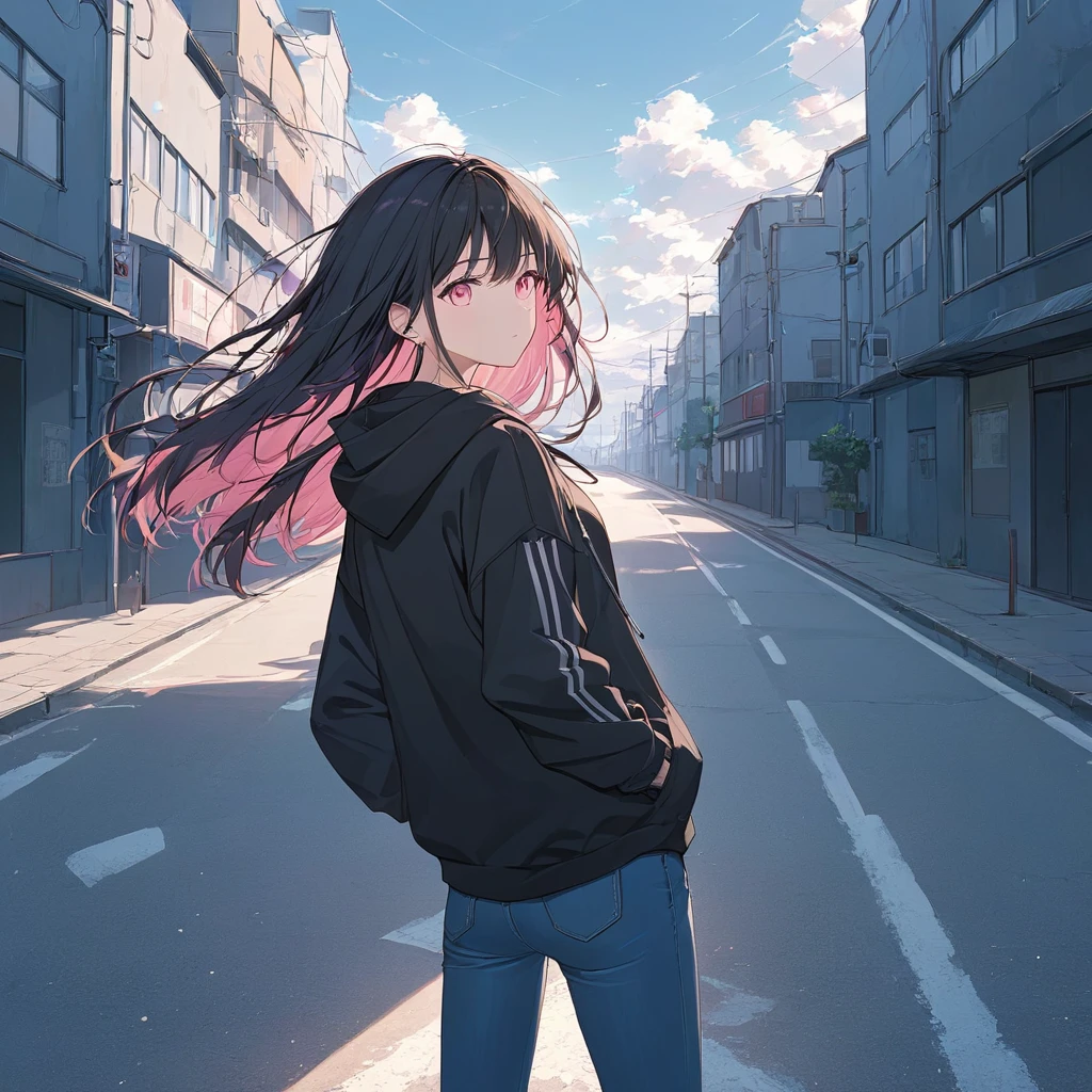 Anime Style,Woman looking back,Show your back,Black Hair,Medium Long Hair,Blowing in the Wind,Pink Eyes, Put on a black hoodie,Wear jeans,Put your hands in your pockets,Straight face,Calm,A scene from a movie that emphasizes women,Long single road,Very dark,Light shines at the end of the road,High Angle Masterpiece,Best Quality,Exquisite,8k,Absurd,Ultra-detailed illustrations,(Watch the audience)